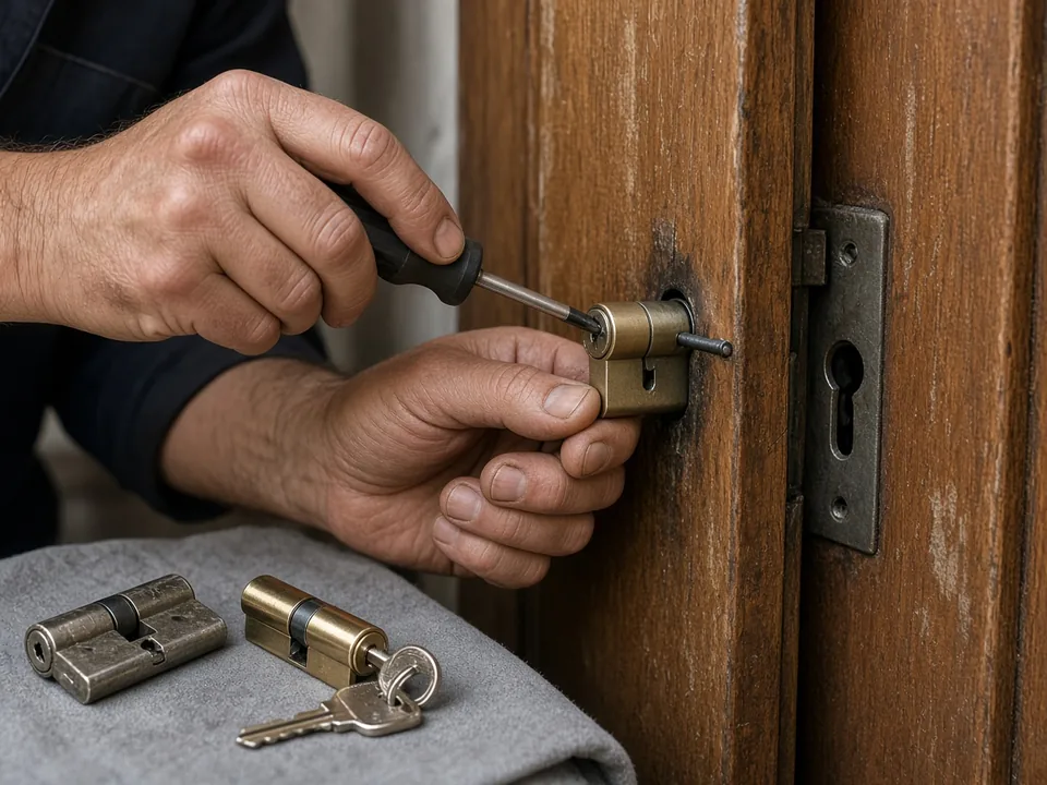 Mains vissant un cylindre de serrure dans une porte d'entrée en bois, ancien et nouveau cylindre posés à côté
