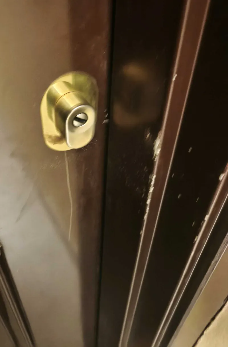 Cylindre doré sur une porte d'entrée en bois sombre, photo d'une intervention de France Serrures