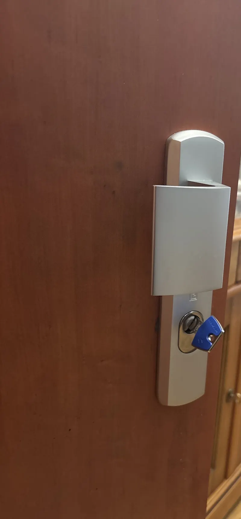 Poignée et cylindre sur une porte palière en bois, photo d'une intervention de France Serrures